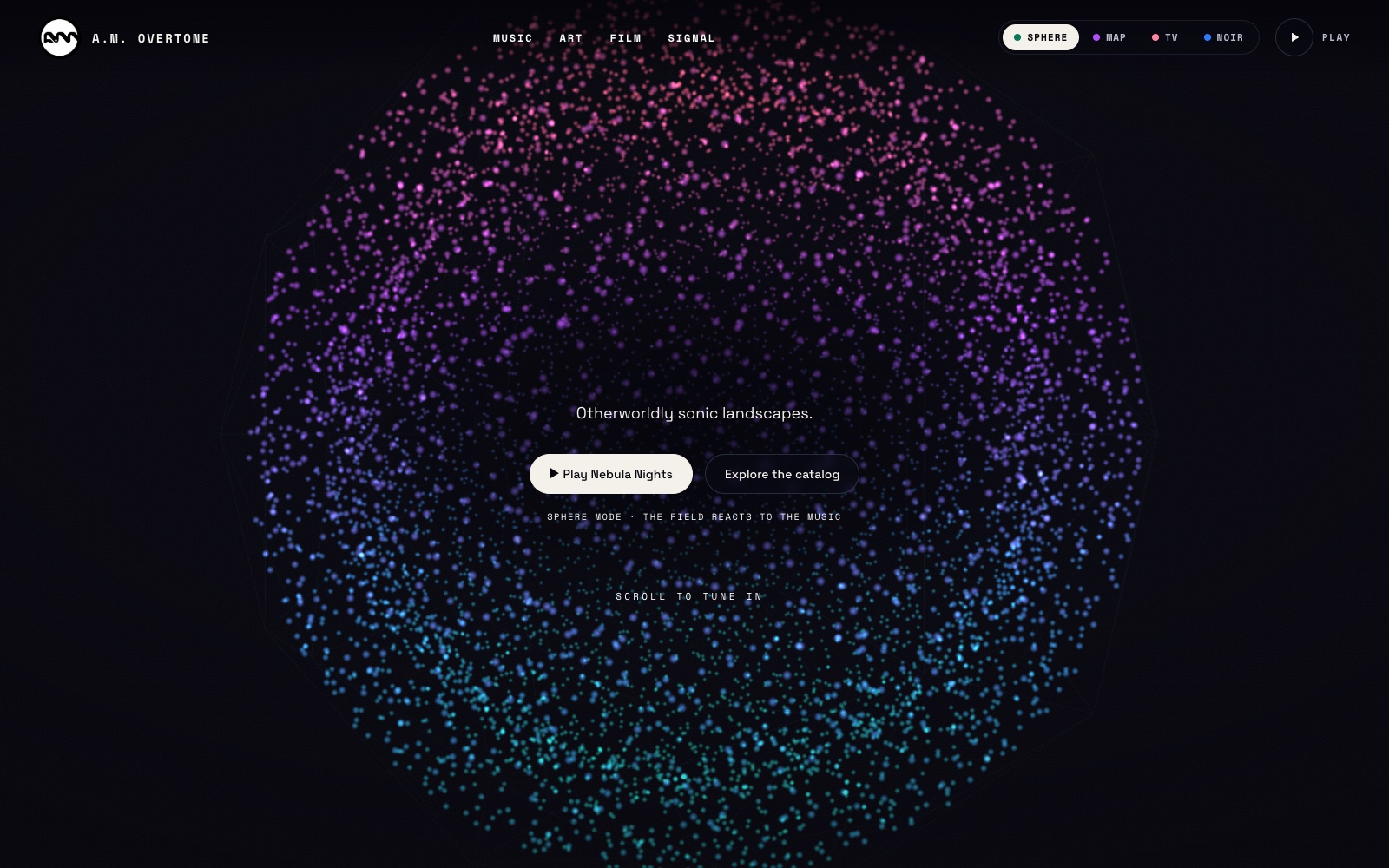 Sphere mode · the audio-reactive particle field behind the hero
