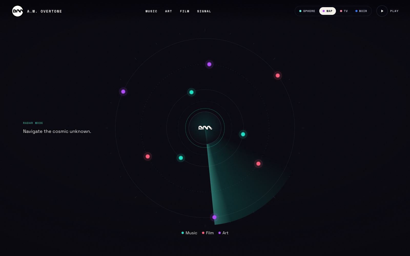 Map mode · the orbital signal map drifting behind the content