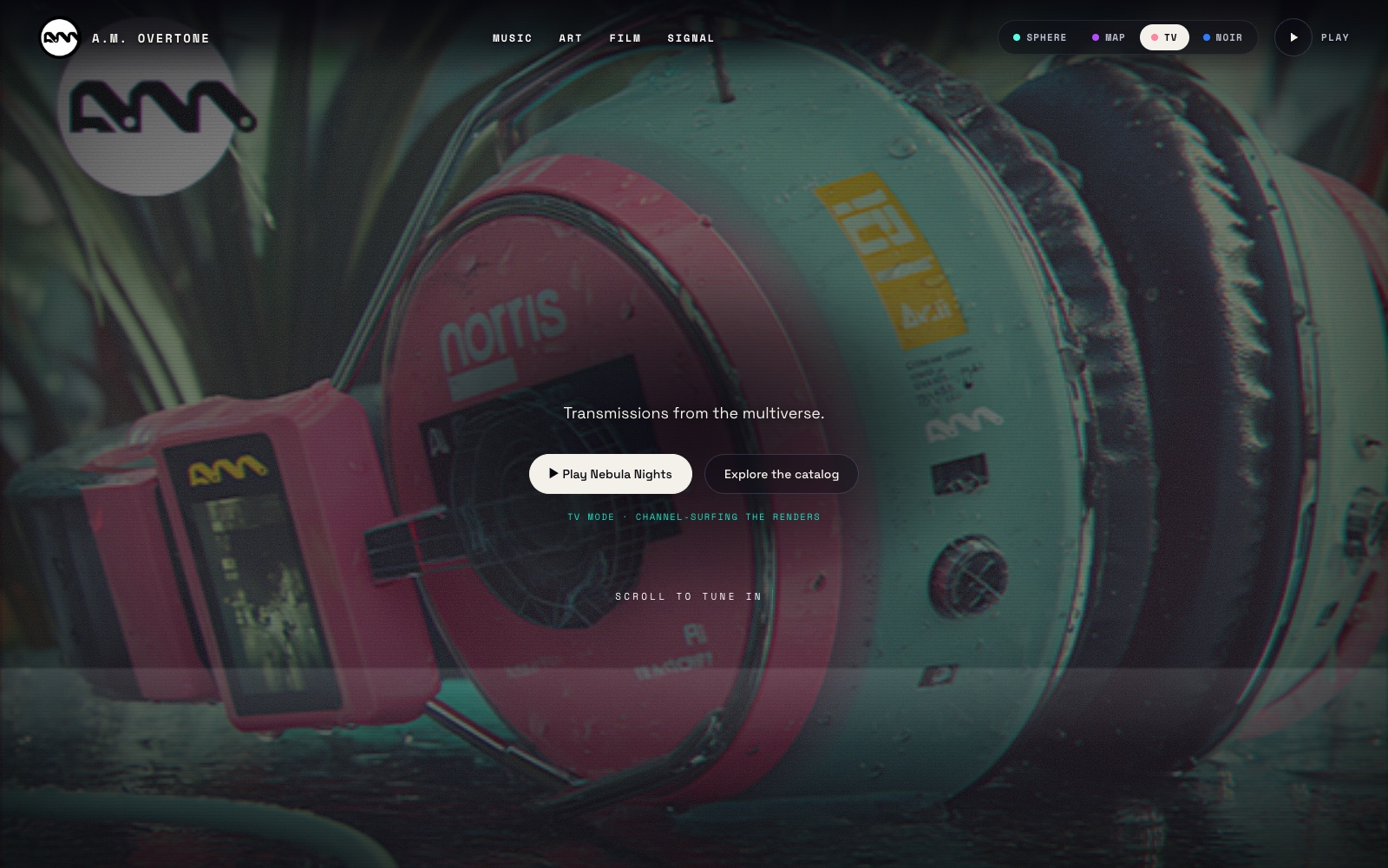 TV mode · the CRT channel-surf with scanlines and RGB-split