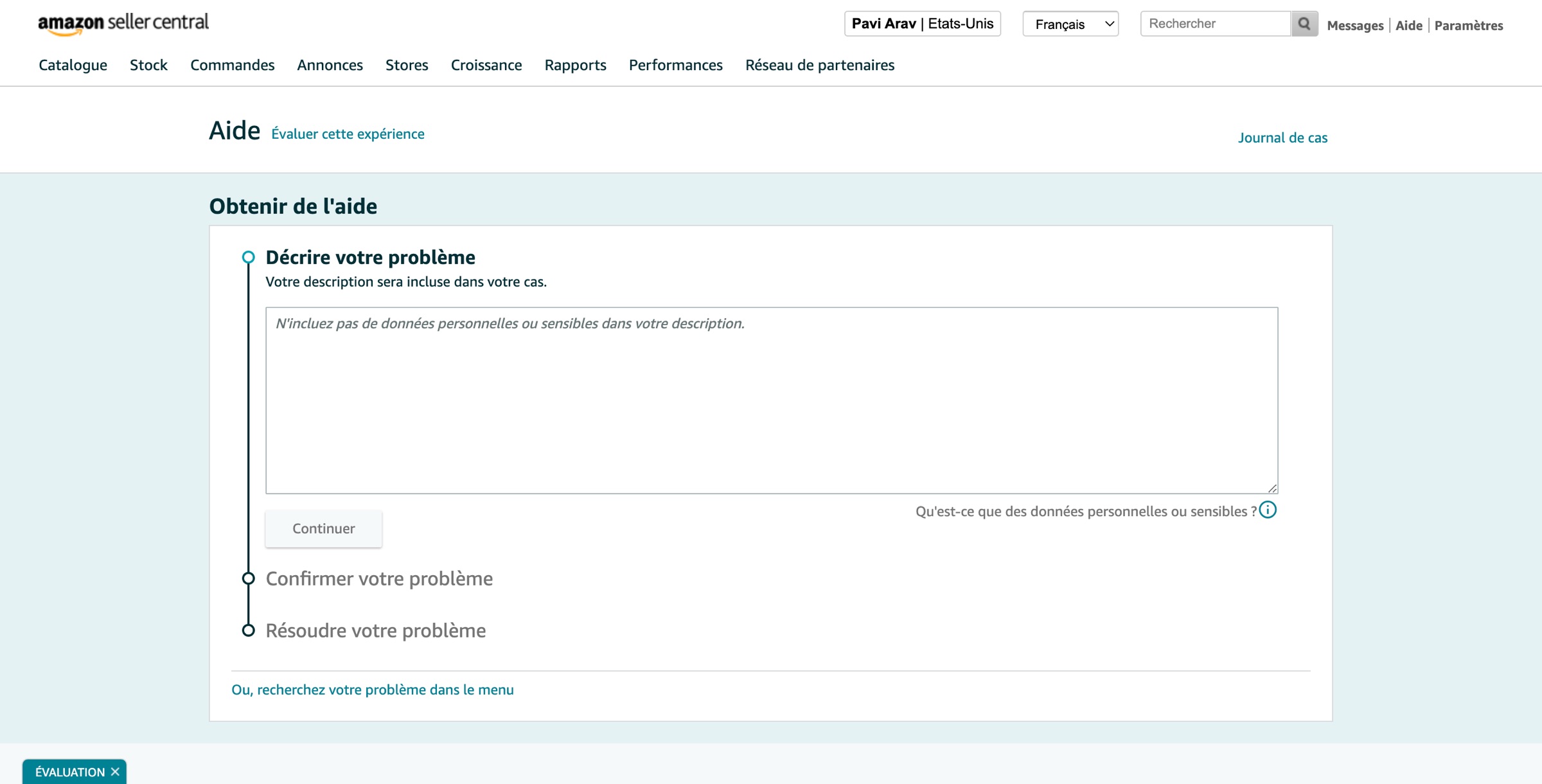 French · the Katal Get Support flow translated for France, with the same stepped Describe → Confirm → Resolve interaction