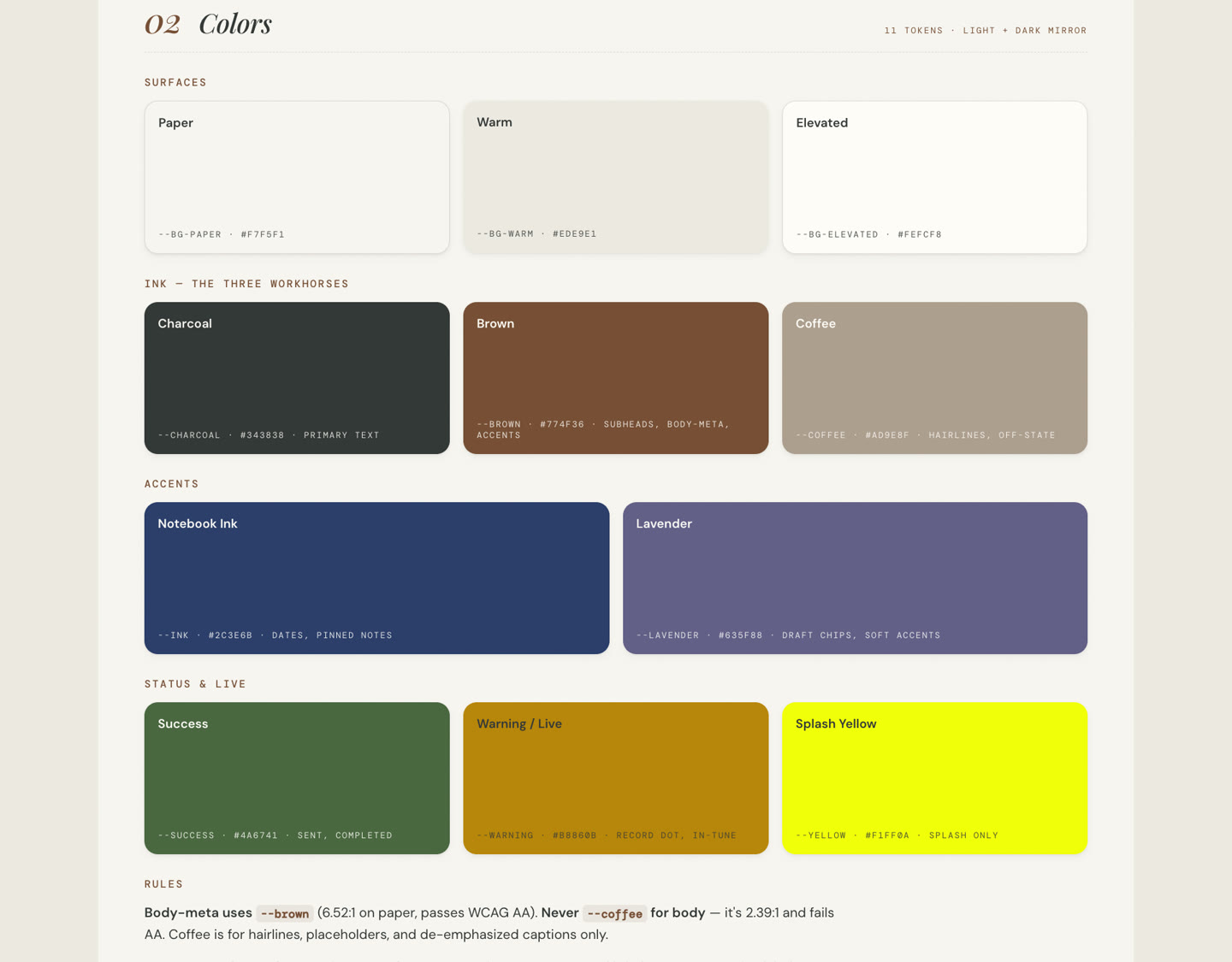 CODA design system · 11 color tokens, mirrored light and dark