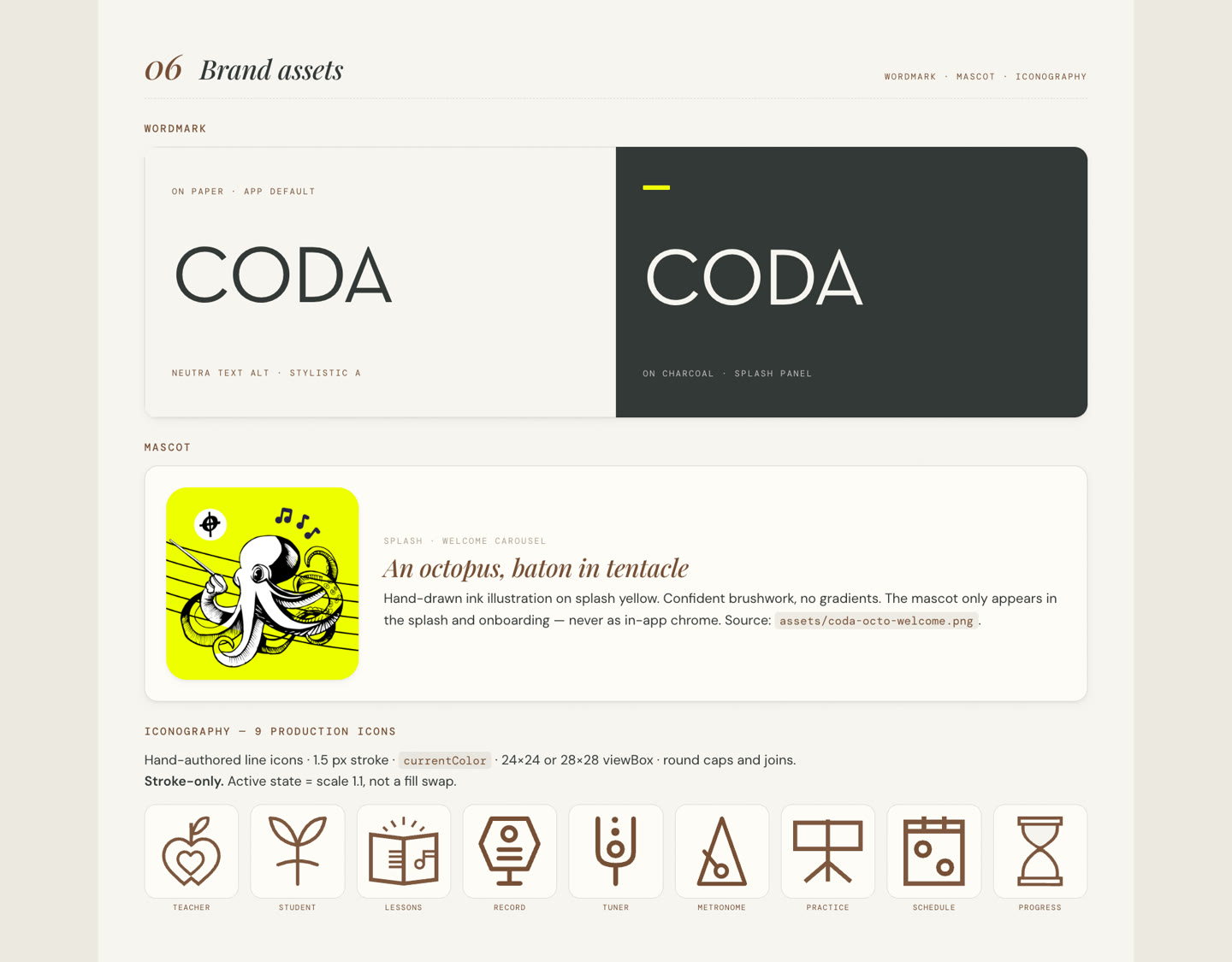 CODA design system · wordmark, octopus mascot and the nine production icons