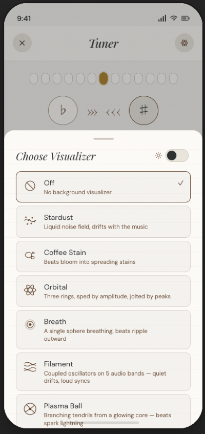 CODA tuner · choose a background visualizer